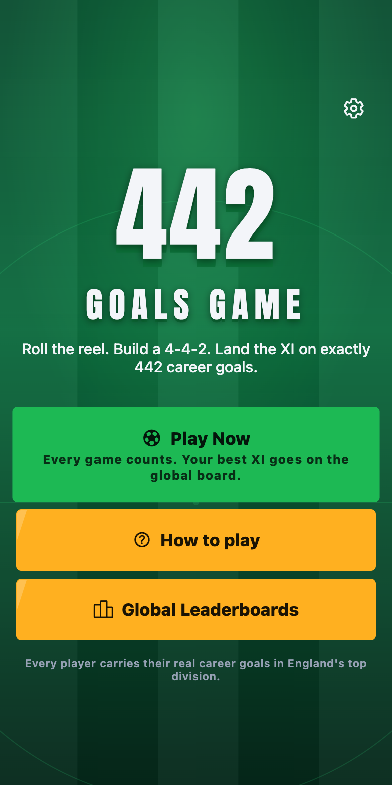 The 442 Goals Game home screen with Play Now, Ranked game and Leaderboards