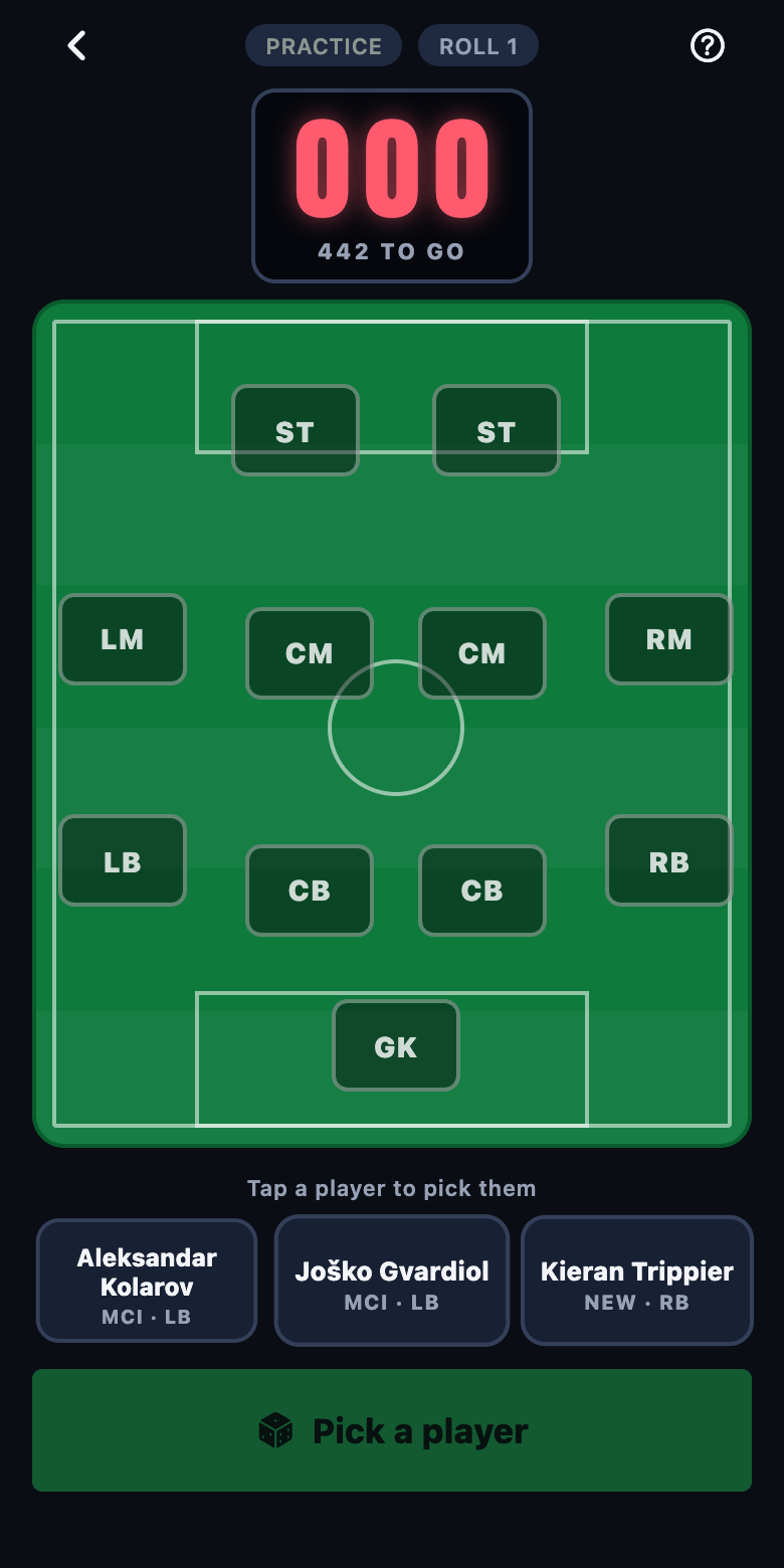 The play screen: a scoreboard reading 442 to go, an empty 4-4-2 and a reel of three players to pick from
