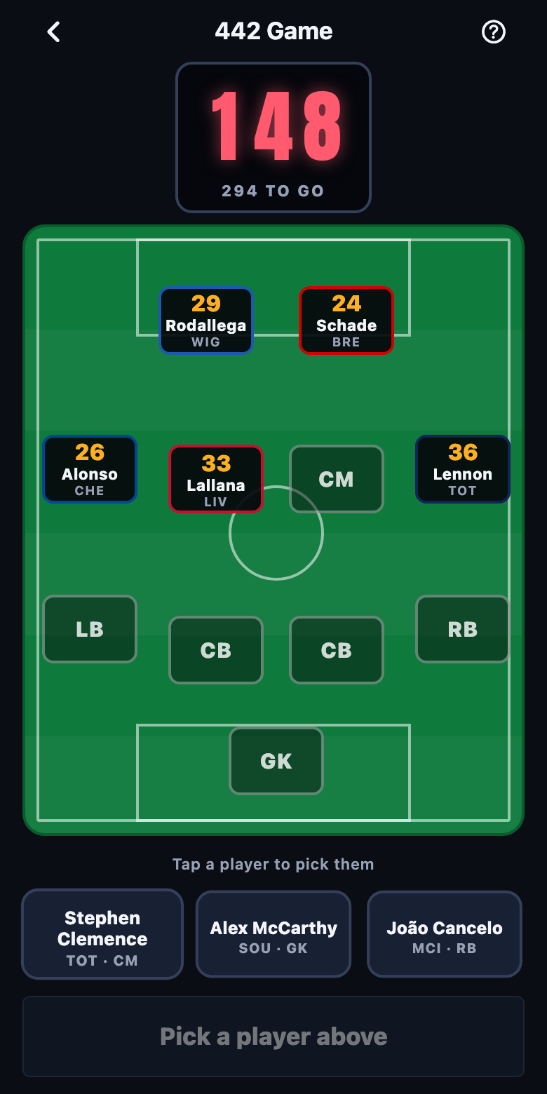 Der Spielbildschirm: eine Anzeigetafel mit noch 442, ein leeres 4-4-2 und eine Walze mit drei Spielern zur Auswahl